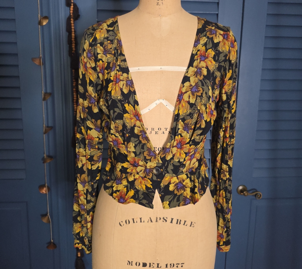 Free People Black Floral Deep V Button-Front Blouse